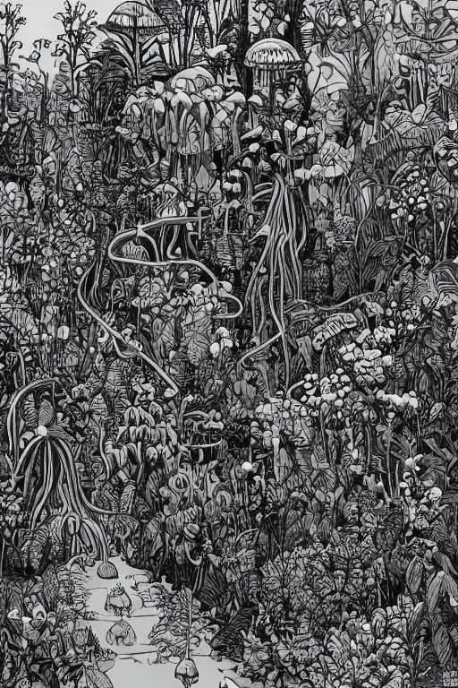 Prompt: surreal line art by ivan ayvazosky and ricardo bofill!!, a lot of jungle flowers and plants + poison toxic mushrooms surrounded by cables + long grass + garden dwarf, 7 0's vintage sci - fi style, rule of third!!!!, line art, 8 k, super detailed, high quality