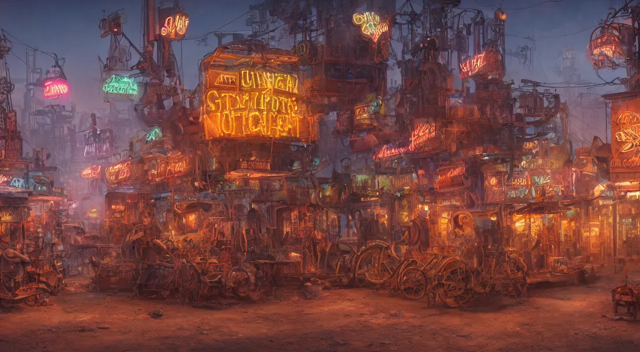 Image similar to a steampunk village in the desert, junk everywhere,neon lights, neon signs, magical atmosphere, mist, steam, photo realistic, 35mm, Matte painting, octane render, 8k, corona render, movie concept art by guido borelli da caluso