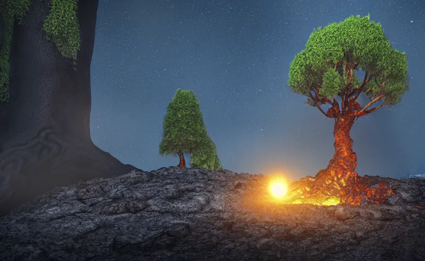 Prompt: photorealistic tree nade of lava. night. lens flare. light fixtures. 8K. detailed. photorealism. artstation. matte painting. 25mm f/1.7 ASPH Lens. ultra realistic