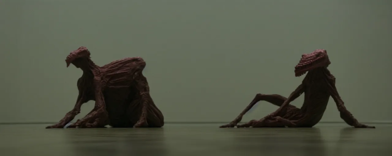 Prompt: a strange creature sits in the home room, film still from the movie directed by Denis Villeneuve with art direction by Zdzisław Beksiński, close up, telephoto lens, shallow depth of field