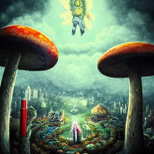 Image similar to 8K Portrait of centered chest up of a psychedelic godlike mothman with giant mandala wings smoking a hand-rolled cigarette smoking heavily , magic mushroom village in background , post-processing , award winning. superb resolution. in the art style of junji Ito and greg rutkowski . Detailed Mushroom city in background. Hyper realistic anime. Perfect art. Dalle2