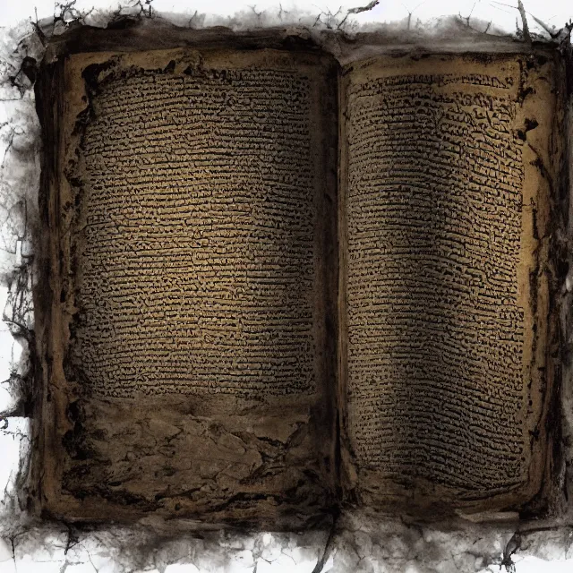 Prompt: ultra - realistic disconcerting photo of a partially damaged dead sea scroll in the style of the necronomicon with nabeatean aramaic in sideways columns, dark, brooding, volume lighting, atmospheric lighting, painted, intricate, ultra detailed, well composed, best on artstation, cgsociety, epic, stunning, gorgeous, intricate detail, wow, masterpiece