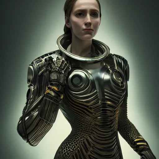 Image similar to portrait of a woman wearing a science fiction suit, technology, sci fi, beautiful detailed intricate insanely detailed octane render, 8K artistic photography, photorealistic, chiaroscuro, by Raphael, Caravaggio, directed by Denis Villeneuve