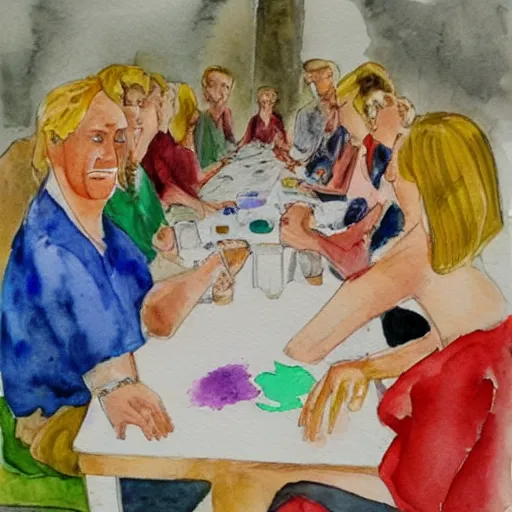 Prompt: 1 2 diamonds sitting on a table surrounded by people, watercolor painting