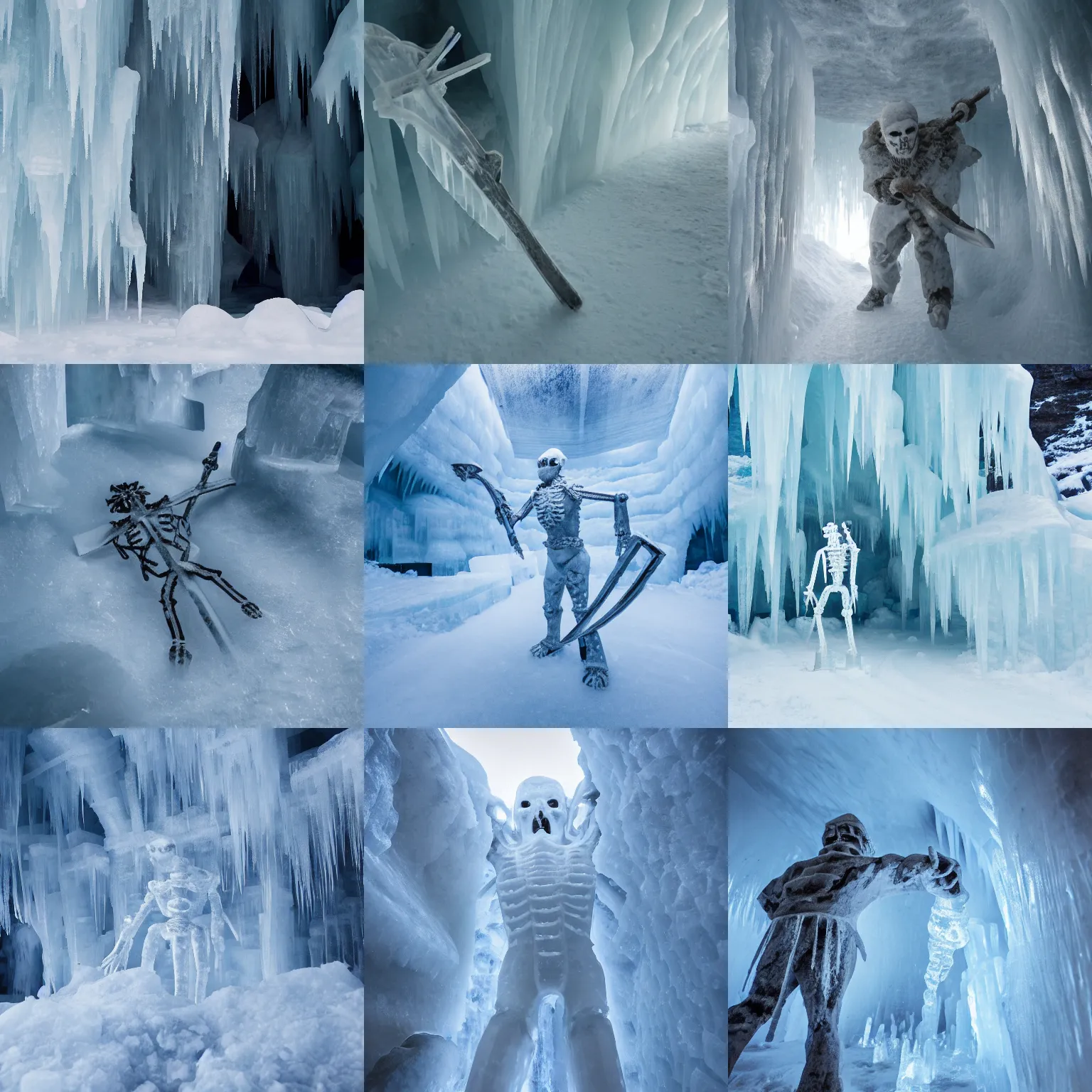 Prompt: ice skeleton in ice cave with massive battle axe
