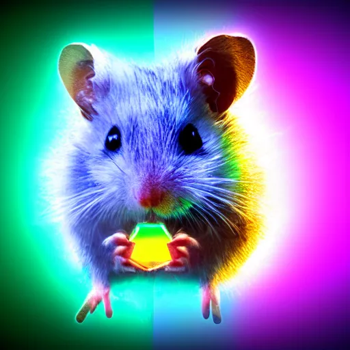 Image similar to cyberpunk hamster made of glowing rainbow neon lights holding a rainbow gem crystal, light reflection, 8 k, hd, logo