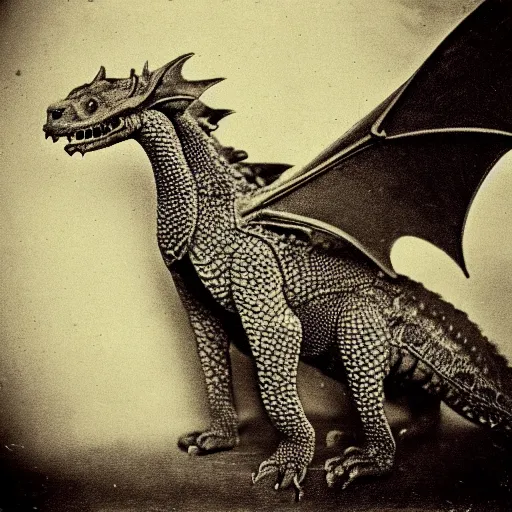 Image similar to victorian photograph of a pet dragon, highly realistic, scaly, grainy photo, very blurry, creature, faded, taken in the 1 8 8 0 s, 1 8 7 0 s, 1 8 9 0 s