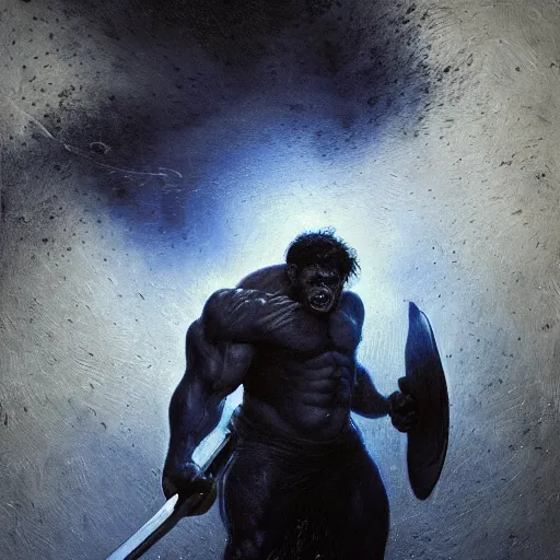 Image similar to artstation concept a midnight blue hulk jolding a meat cleaver, dusty, hyperdetailed, artstation trending, world renowned artists, worth 1 0 0 0. com, historic artworks society, antique renewel, cgsociety, by greg rutkowski, by gustave dore, deviantart