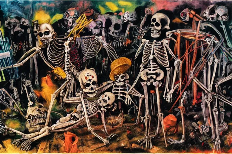 Image similar to scene from apocalypse now, day of the dead, cyber skeleton, neon painting by otto dix