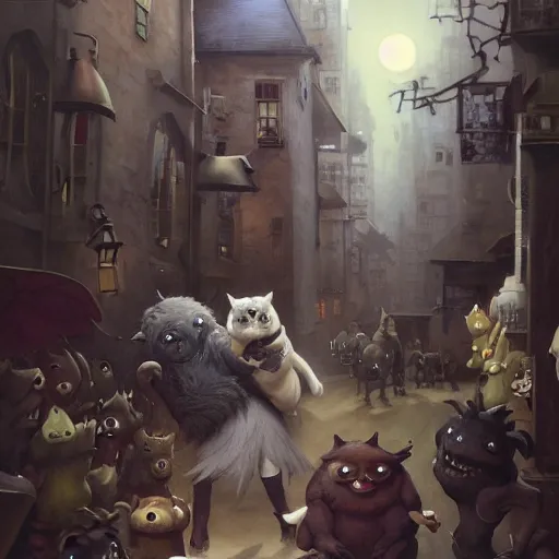 Image similar to little crazy monsters, furry creatures, monster emotional monsters and creatures in the city alleyway, wrestling each other in the style of Johfra and Shaun Tan, By Ruan Jia and Artgerm and Range Murata and WLOP and Ross Tran and William-Adolphe Bouguereau and Beeple, Fantasy Illustration. award winning, Artstation, intricate details, realistic, Hyperdetailed, 8k resolution.