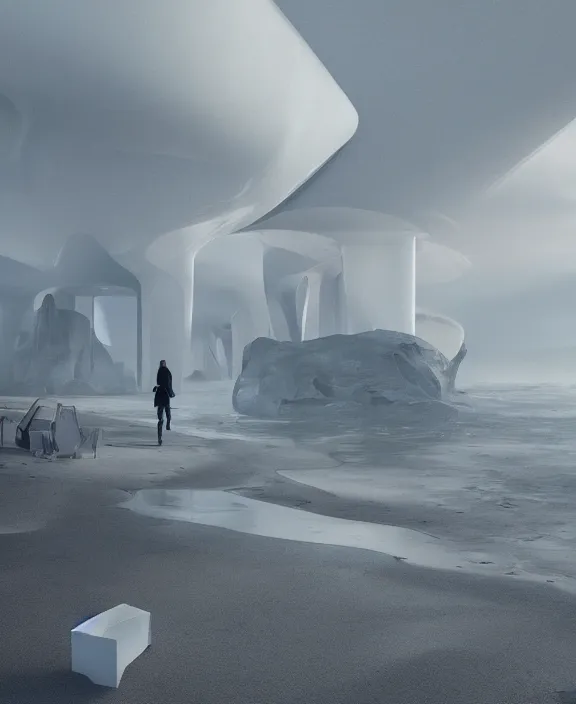 Image similar to surreal mindblown architecture, futuristic white architecture in the beach in iceland, foggy, highly detailed, digital painting, arstation, concept art, hyperealistic octane render, unreal engine,