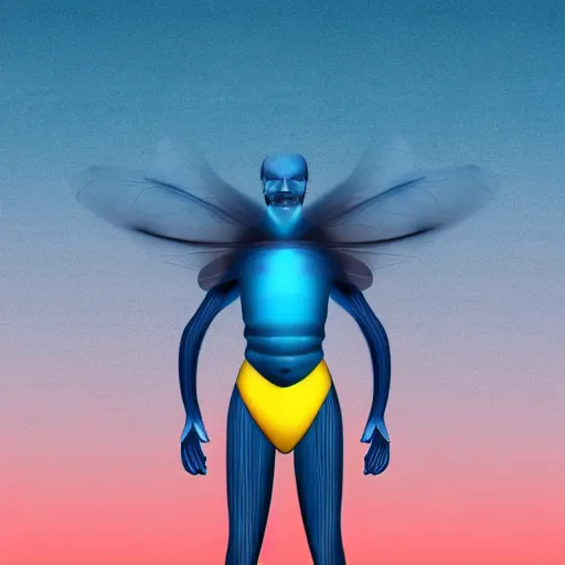 Image similar to human man that resembles a wasp morh in surreal sketch style, blue and yellow gradient, noise, ultrafine detail, hd 8k, logo illustration