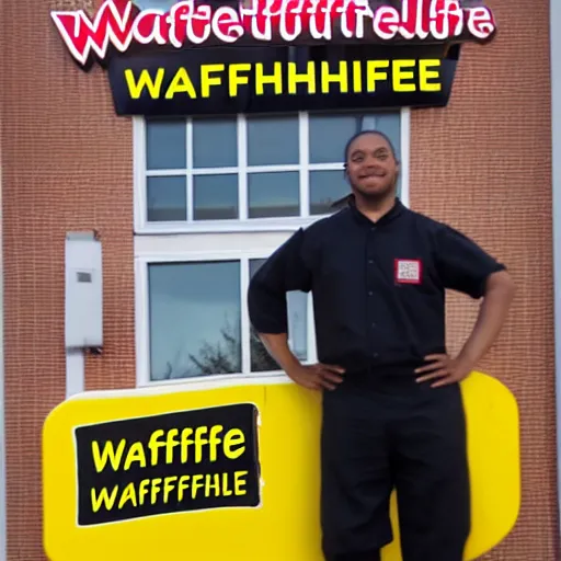 Image similar to wafflehouse employee's standing below wafflehouse sign