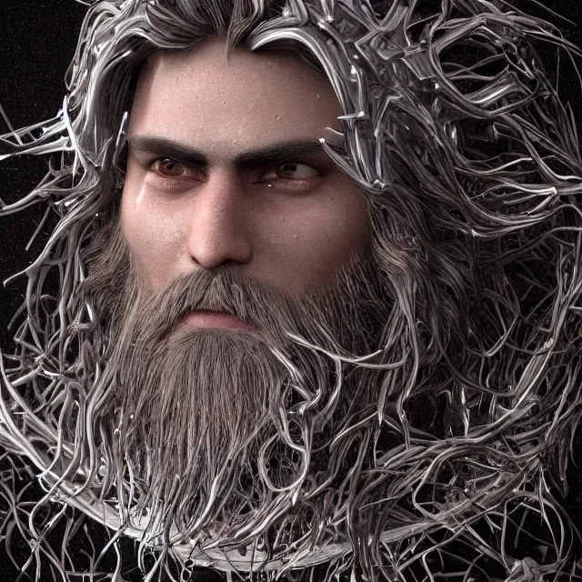 Image similar to realistic, dark hairy handsome man, love, joy, complex cybernetic beings, glowing hair, vortexes, large array, ornate hair, 3 d model, fish eye, round form, cinematic light shadows, wet hdr refractions, insanely detailed rendering, artstation, 8 k, * * * * *