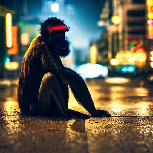 Image similar to a high quality low wide angle photo of a Mandrill monkey on the streets of a cyberpunk city, rainy, reflective ground, neon lights, realism, 8k