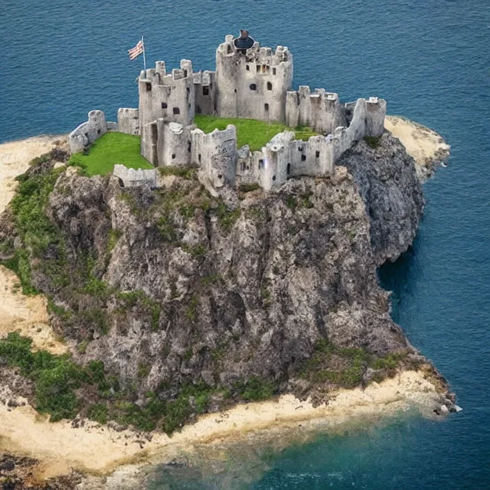 Prompt: aerial view of a punisher fortress from above on a hill by the ocean. castle shaped shaped exactly like the punisher symbol detailed