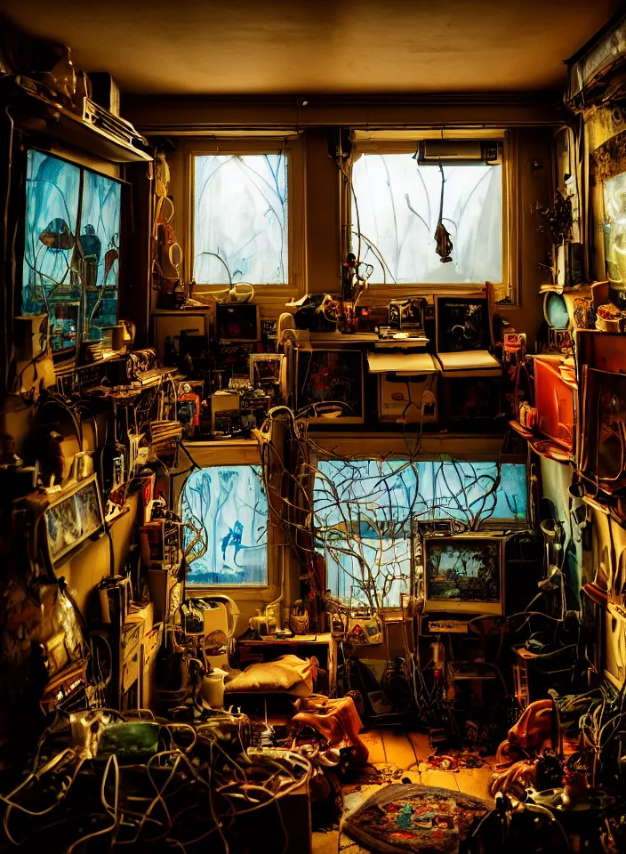 Image similar to telephoto 7 0 mm f / 2. 8 iso 2 0 0 photograph depicting the feeling of chrysalism in a cosy ( cluttered ) french sci - fi ( ( art nouveau ) ) cyberpunk apartment in a dreamstate art cinema style. ( ( computer screens, window rain, sink ( ( ( fish tank ) ) ) ) ), ambient light.