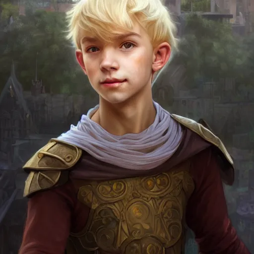 Image similar to portrait of a young boy wearing plain looking fantasy thief clothing in the slums of a fantasy city, blonde hair, d & d, fantasy, joyful smirk, intricate, elegant, highly detailed, digital painting, artstation, concept art, matte, sharp focus, illustration, art by artgerm and greg rutkowski and alphonse mucha