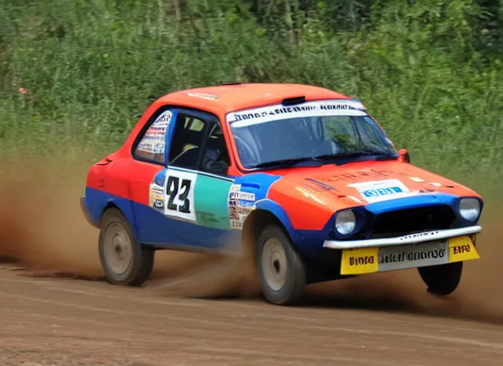 Image similar to photo of a Reliant Robin doing 120 km/h on a dirt road, rally race