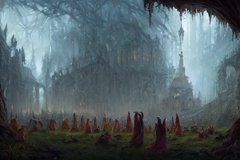 Prompt: forest of spirits singing to the church bells below, d & d, fantasy, intricate, elegant, highly detailed, digital painting, epic wide shot, trending on artstation, concept art, matte, sharp focus, illustration, art by noah bradley, scott m fischer, greg rutkowski, john avon