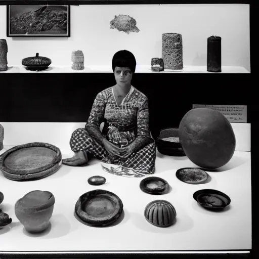 Prompt: a _ photography _ of _ an _ exhibition _ space _ with _ ethnographic _ objects _ on _ display _ 6 0 s _ offset _ lithography _ black _ white _ 8 _ k