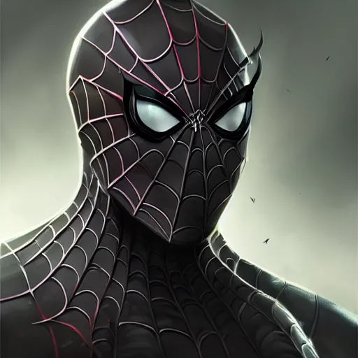 Prompt: a portrait of sinister spiderman, D&D, sci-fi, elegant, sinister, muscular, highly detailed, digital painting, artstation, concept art, smooth, sharp focus, illustration