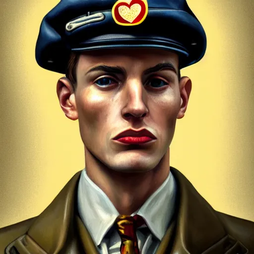 Image similar to A Hearts of Iron IV portrait of a blond young Spanish actor with high cheekbones. Good bone structure. Dressed in 1940s style. Highly detailed, fine Art, high detail, great lighting, 8k resolution, masterpiece, concept art, illustration, clear eyes, painting oil on canvas, octane render, HDR, trending on artstation, 4k, 8k, HD