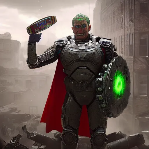 Image similar to pickle rick as superman! in gears of war, splash art, movie still, detailed face, photorealistic facial features, cinematic lighting, dramatic, octane render, long lens, shallow depth of field, bokeh, anamorphic lens flare, 8 k, hyper detailed, 3 5 mm film grain