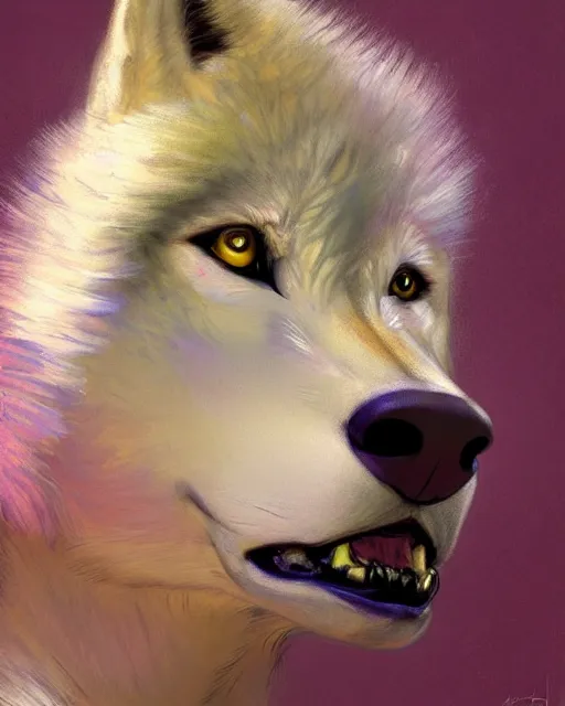 Prompt: portrait of a white female anthro wolf at a roller derby, female fursona, 4 k, trending on artstation, very expressive detailed feminine face, energetic, bright colors, by gaston bussiere, craig mullins, j. c. leyendecker, gustav klimt, artgerm, greg rutkowski, alphonse mucha