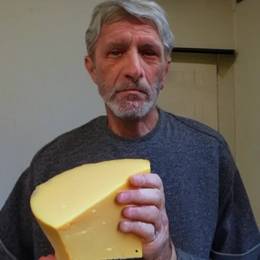 Prompt: photo of a very suspicious man holding cheese