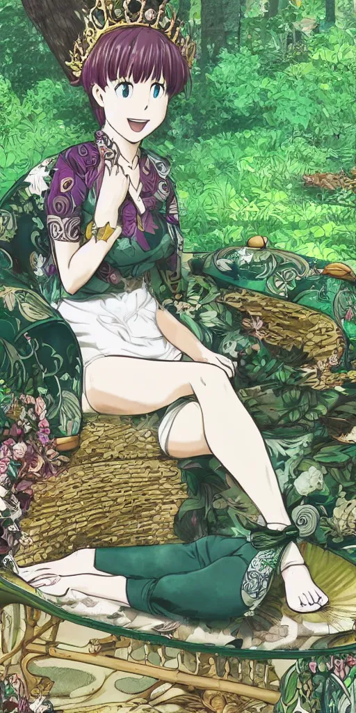 Image similar to the queen of good vibes sitting by herself on a sofa in a forest, drawn by CloverWorks, intricate detail