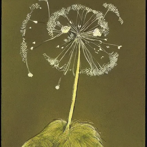 Image similar to a beautiful fairytale painting of a dandelion seed that is also a fluffy fairy. the dandelion seed is the body of the fairy. beautiful clear painting by arthur rackham