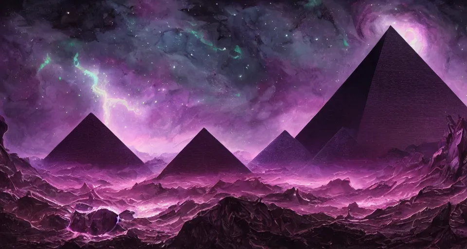 Prompt: black lovecraftian eldritch!! obsidian! pyramid!! surrounded by dark sea, cosmic purple space!, bright stars, nebula, sky background by eugene von guerard, ivan shishkin, night, concept art, trending on artstation, 8 k