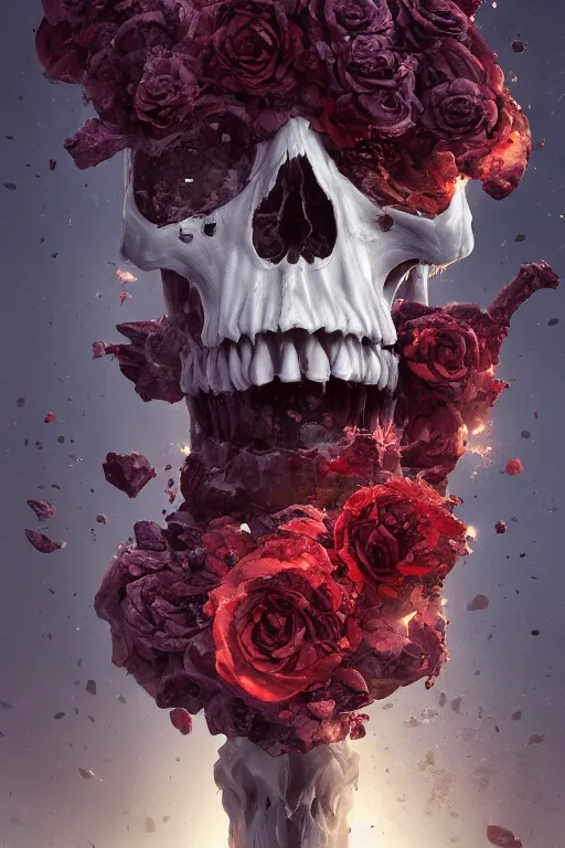 Prompt: skull bust, technology vs nature, split in half, roccoco roses explosion out of the face, volumetric lighting, unreal engine, photorealistic by michael komarck, greg rutkowski, victo ngai, artgerm, willem claesz heda and j. dickenson