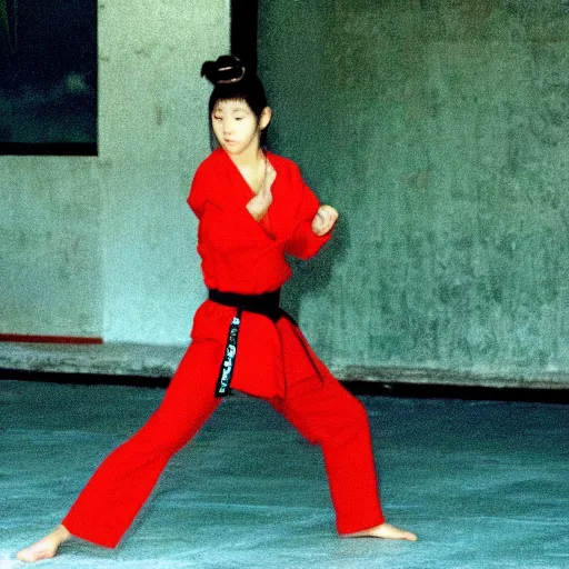 Image similar to a 1 9 9 8 movie still, from a shallow master training a girl karate at a temple in china, 4 k resolution, 8 k resolution, 1 9 9 8 karate movie still