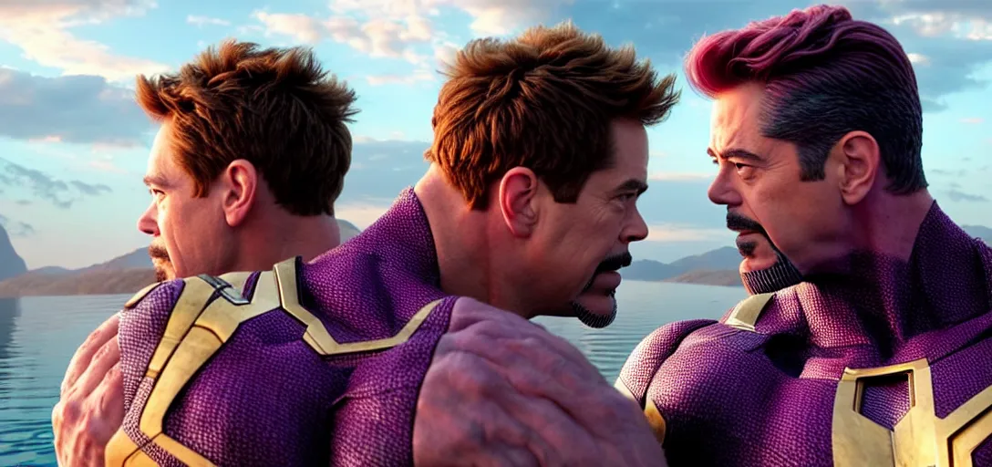 Image similar to a very high resolution image from a new movie. thanos kissing tony stark on a lake, photorealistic, photography, directed by wes anderson