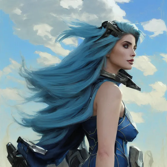 Prompt: portrait of a combination of Ashley Greene, Adriana Dxim, Grace Kelly and Lily Collins with blue hair wearing Warframe armor, countryside, calm, fantasy character portrait, dynamic pose, above view, sunny day, thunder clouds in the sky, artwork by Jeremy Lipkin and Giuseppe Dangelico Pino and Michael Garmash and Rob Rey and Greg Manchess and Huang Guangjian, very coherent asymmetrical artwork, sharp edges, perfect face, simple form, 100mm