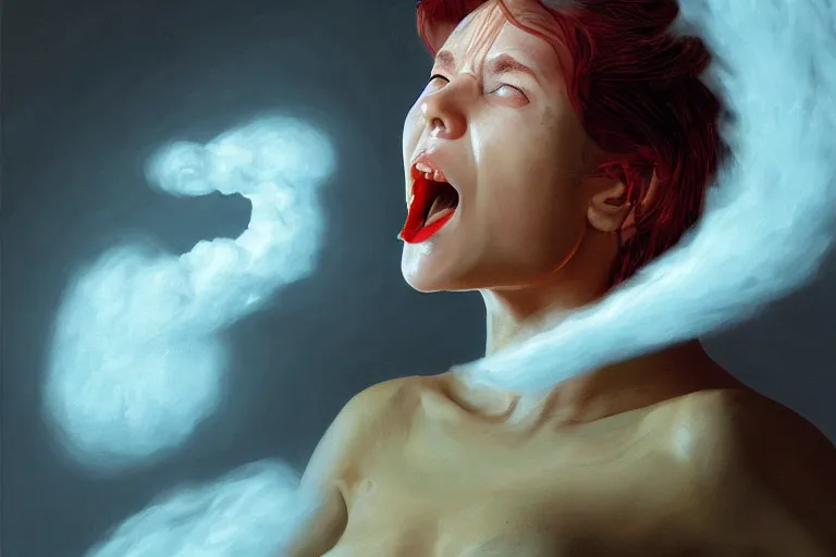 Image similar to a woman with a vr headset has a pill on her tongue and is hallucinating, a swirling cloud of pill by gerald brom, trending on artstation