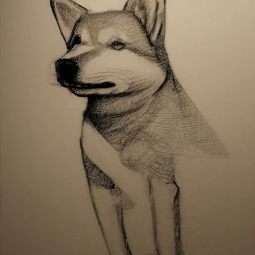 Image similar to pencil sketch of a shiba inu smoking a cigarette, sad expression