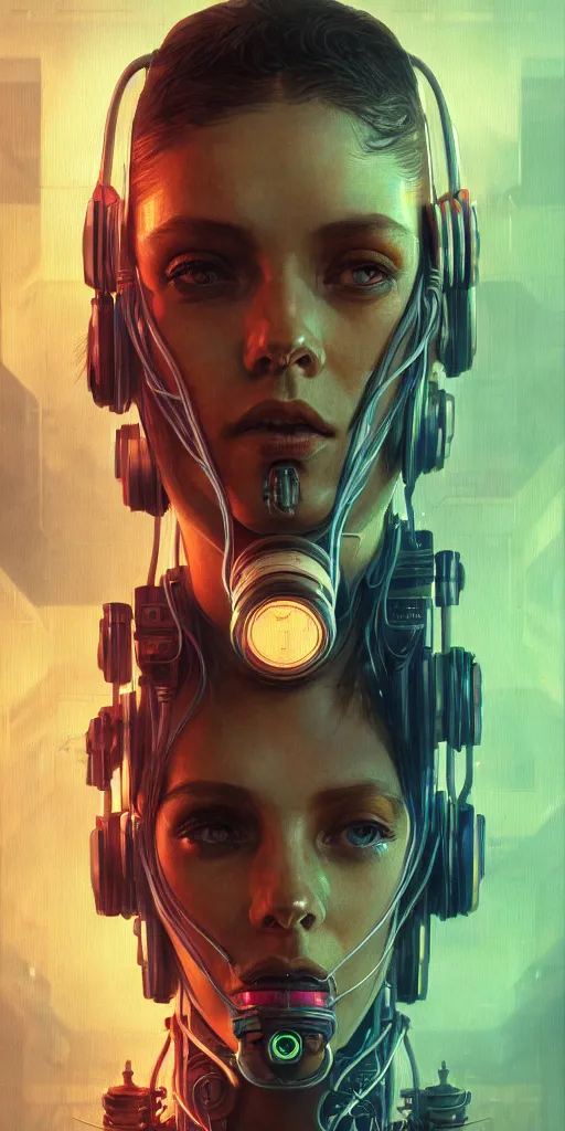 Image similar to ultra detailed photorealistic cyberpunk portrait, poster, sci fi, cybernetic, wires, robotics, futuristic decor, by alfons maria mucha, ultra realistic illustration, high detailed, 4 k, hd, high quality