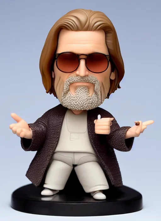 Prompt: jeff bridges, a nendoroid of jeff bridges figurine, bathrobe, sunglasses, the big lebowski, realistic face, detailed product photo