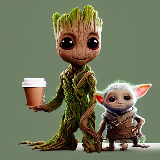 Prompt: Baby Groot and Baby Yoda are chilling in a coffee shop together hyperdetailed, artstation, cgsociety, 8k