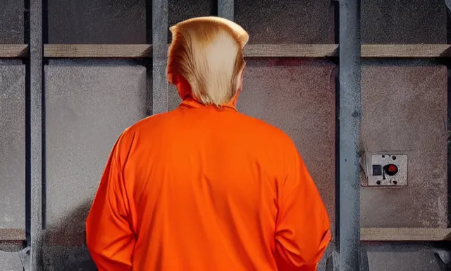 Image similar to full shot of donald trump wearing an orange jump suit, crying in a dirty jail cell in guantanamo, photograph, realistic, dramatic lighting