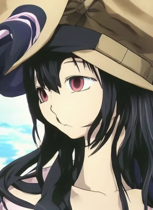 Image similar to key anime visual of a beautiful girl wearing a beige beret and blue shirt; long black hair; anime; drawn by Shigenori Soejima; 3 tone colors