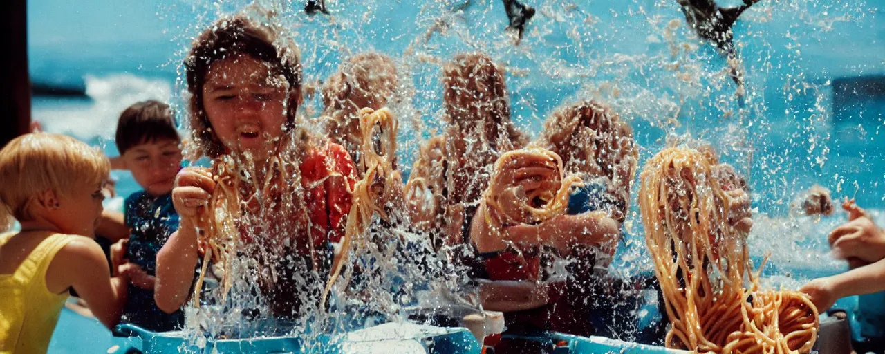 Prompt: shame at sea world playing with spaghetti, water splashing,, small details, intricate, sharply focused, canon 5 0 mm, wes anderson film, kodachrome