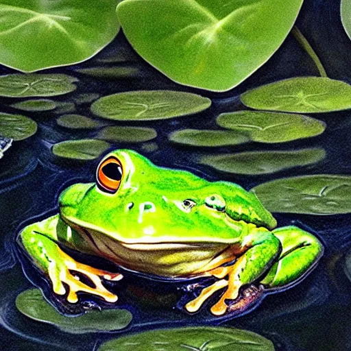 Image similar to !!! sticker!!! close - up of a frog in the water lilies, highly detailed, digital art, matte painting, sharp focus,