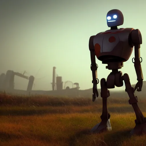 Image similar to The Iron Giant wandering a junkyard, mysterious, Octane Render, Raytracing, 135mm camera lens, moody lighting, dark