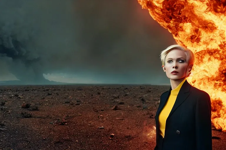 Image similar to a moody photograph of a confident caucasian woman in her 6 0's with short blonde hair wearing a tailored yellow suit standing against a backdrop of the planet earth engulfed in flames. photograph by annie leibowitz, cinematic lighting, sci fi, futuristic