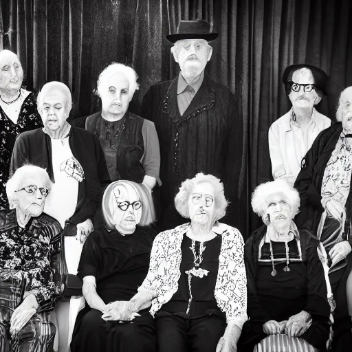 Image similar to an old age home for geriatric dark goths. photograph group portrait.