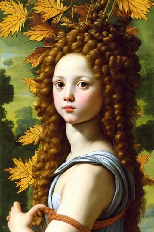 Image similar to renaissance painting of young girl in the garden, closeup, curly long hair, face closeup, emotions closeup, dressed in roman armour, the beautiful garden with maple leaves everywhere, ultra detailed, art by guido reni style, vincenzo catena style